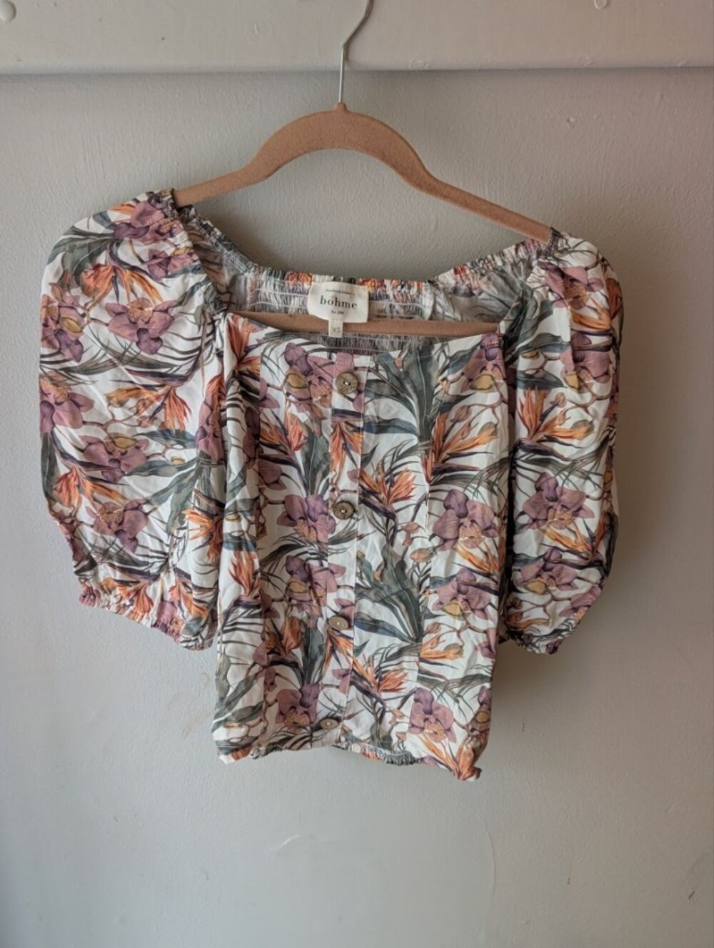 Tropical Floral Top  Puffy Sleeves Size XS